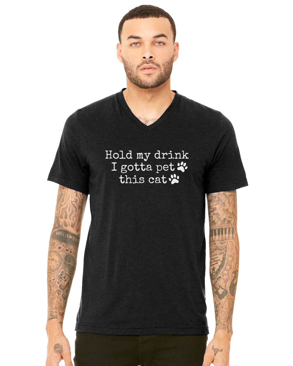 Hold My Drink I Gotta Pet This Cat Unisex V-Neck T-Shirt - Gardens of Honey