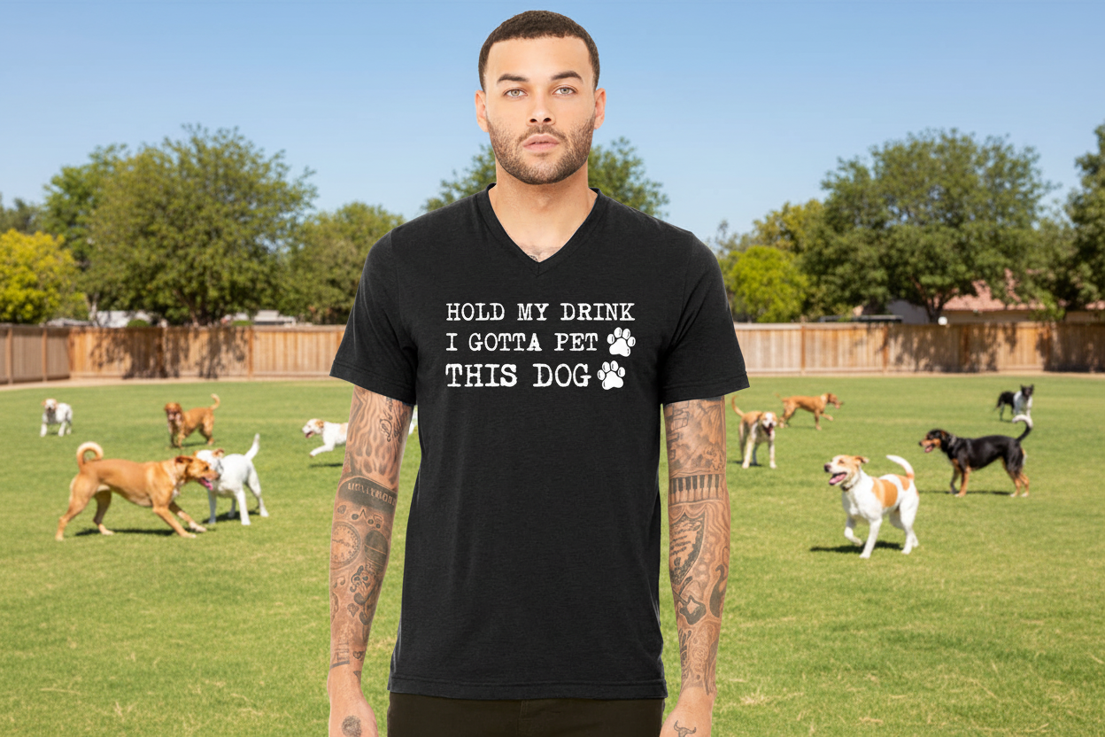 Hold My Drink I Gotta Pet This Dog Unisex V-Neck T-Shirt - Gardens of Honey