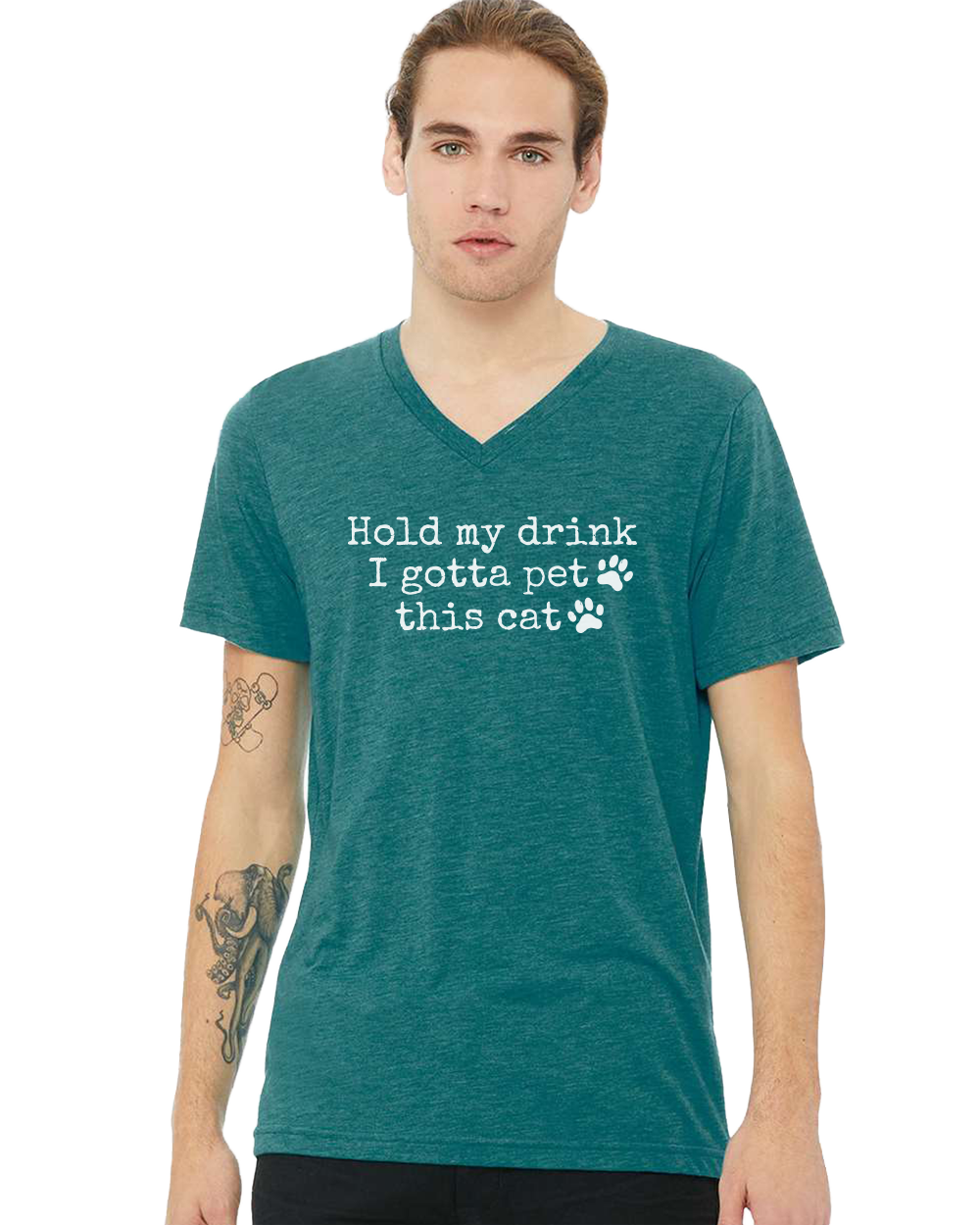Hold My Drink I Gotta Pet This Cat Unisex V-Neck T-Shirt - Gardens of Honey