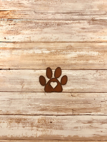 DOG PAW WITH HEART RUSTED METAL MAGNET