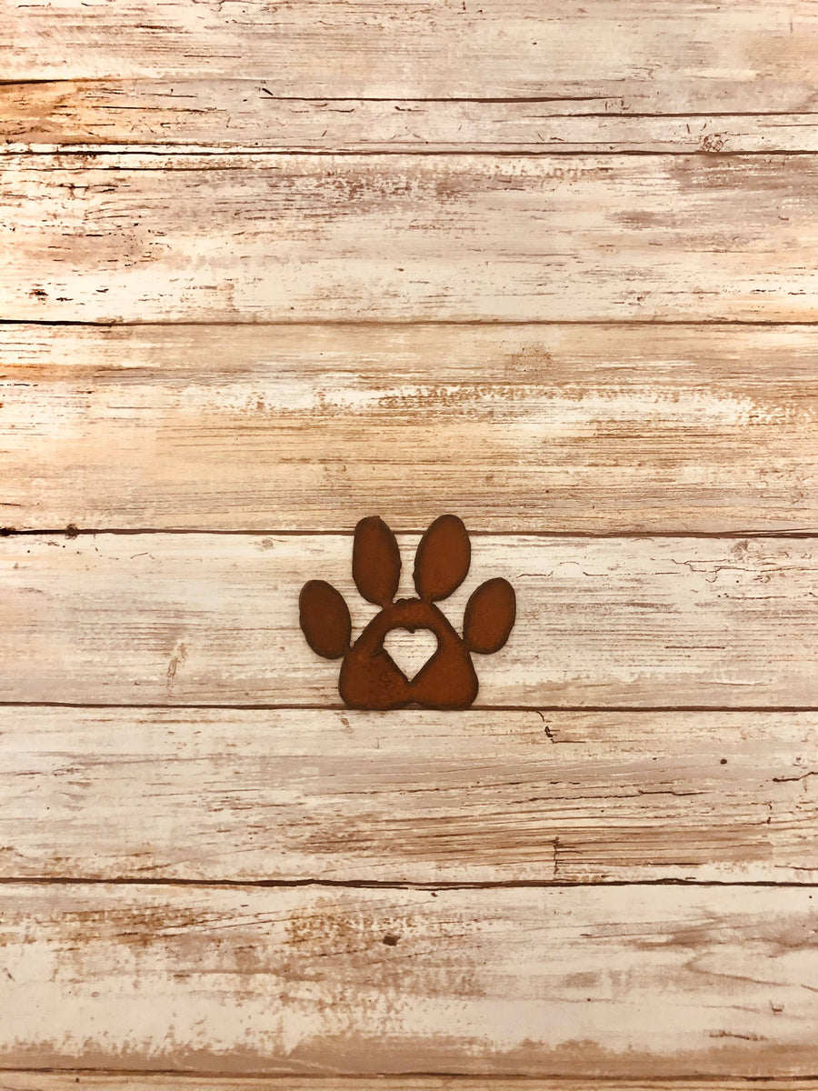 Dog Paw With Heart Rusted Metal Magnet
